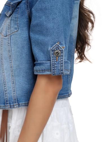 Women's Short Sleeve Stretch Denim Jacket Retro Casual Button Down Cropped Trucker Jean Jackets