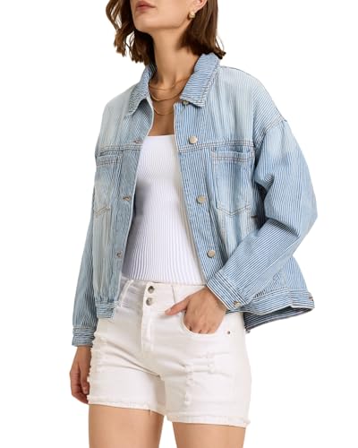Women's Blue Jean Jacket Oversized Distressed Button Down Denim Jacket Vintage Long Sleeve Soft Boyfriend Coat