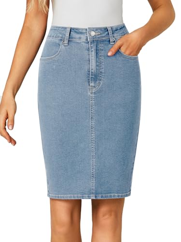 Women's Casual Stretch High Waist Back Slit Denim Jean Knee Length Skirt