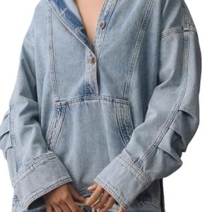 Women's Button Up Sweatshirt Denim Hoodie Oversized Pullover Jacket Jean Tops Casual Boyfriend Jackets