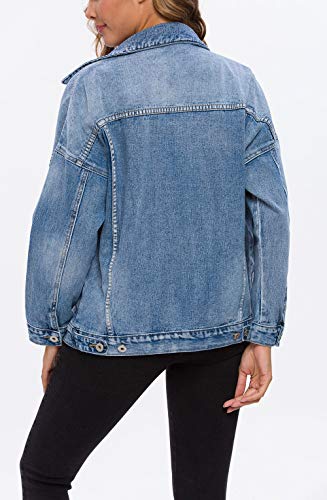 Women's Oversize Vintage Washed Boyfriend Denim Jacket Long Sleeve Classic Loose Jean Trucker Jacket 003