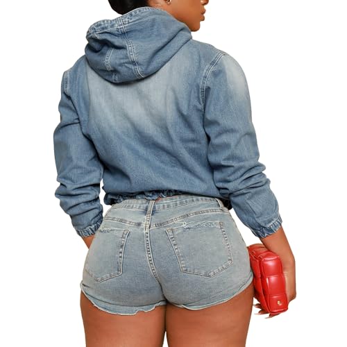 Women's Half Zip Denim Hoodie Pullover Jackets Jean Tops