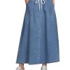 Denim Skirts for Women Trendy A Line Long Maxi Pull On Elastic Waist Drawstring Stretchy Jean Skirt with Pockets