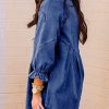 Womens Smocked 3 4 Sleeve Button Down Denim Jeans Dresses