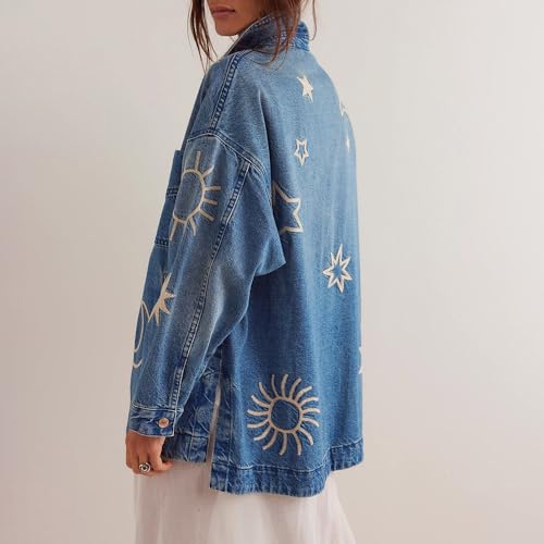 Women's Vintage Oversized Denim Jacket Embroidered Graphic Casual Loose Fit Button Down Jean Jacket