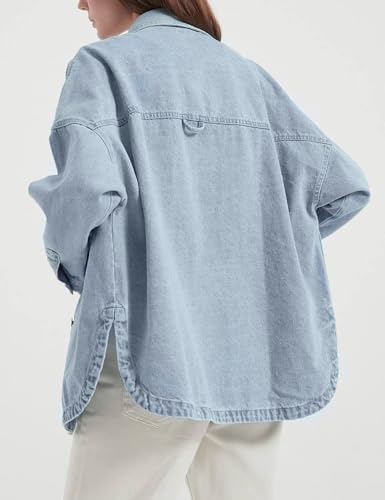 Womens Denim Shirt Long Sleeve Oversized Boyfriend Jean Jacket Shacket Trendy Button Down Shirt