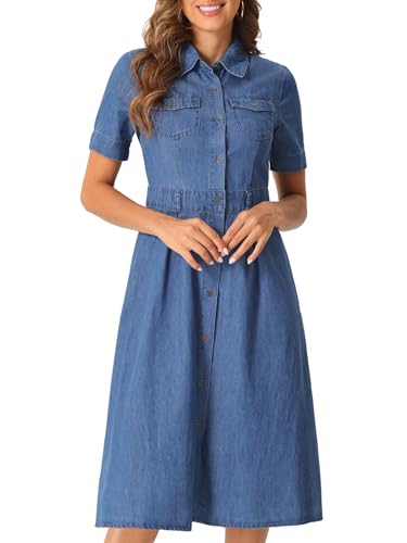41T4hEsk2AL.jpg Denim Dress for Women's Collared Short Sleeve A-Line Button Up Jean Midi Dresses