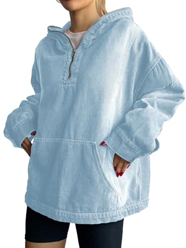 Women's Half Zip Denim Hoodie Pullover Sweatshirt Jean Jacket with Pocket