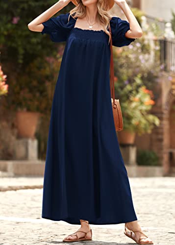 Women 2025 Summer Maxi Dress Casual Loose Puff Sleeve Square Neck Maternity Flowy Long Beach Dresses with Pockets