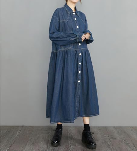 Womens Fall Winter A-Line Long Denim Trench Coat Loose Casual Button Down Maxi Jean Shirt Dress