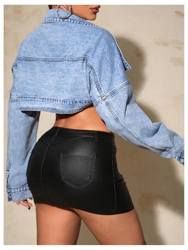 Women's Y2k Open Front Cropped Denim Jean Long Sleeve Street Jacket Coat