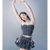 41UV-h-gAaL.jpg Y2K Women Ruffle Hem Blue Jean Pleated Mini Skirt - Denim Bustier Top Suit