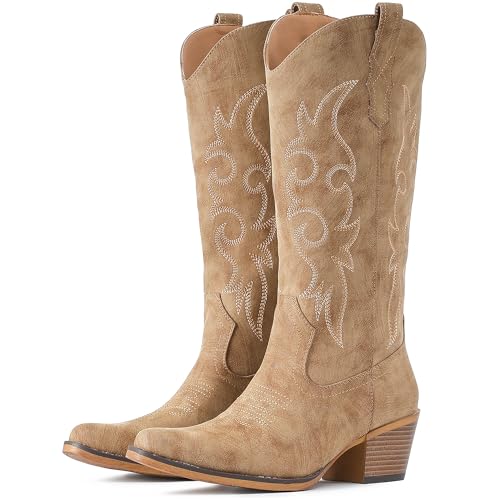 Cowboy Boots For Women Western Cowgirl Boots Mid Calf Snip Toe Boot With Chunky Heel