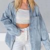 Womens Denim Shirt Long Sleeve Oversized Boyfriend Jean Jacket Shacket Trendy Button Down Shirt
