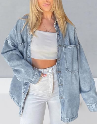 Womens Denim Shirt Long Sleeve Oversized Boyfriend Jean Jacket Shacket Trendy Button Down Shirt