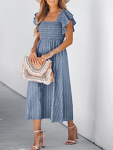 Women's Summer Dress Square Neck Striped Smocked Dress Ruffled Cap Sleeves Dress A Line Maxi Formal Dress