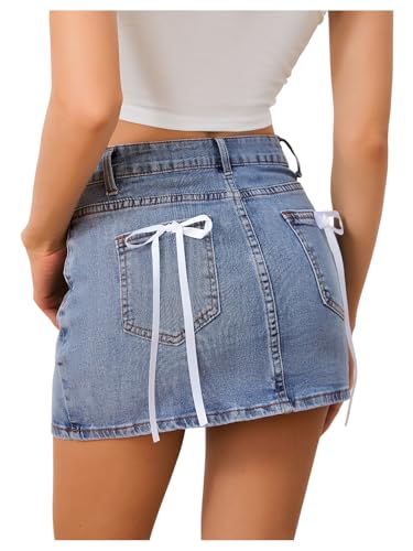Women's Denim Skirt High Waist Bow Pocket Bodycon Y2K Mini Jean Skirts
