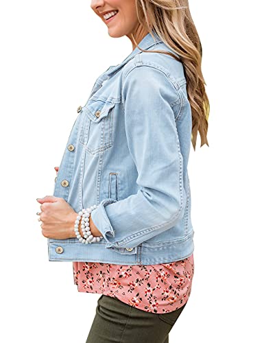 Womens Stretch Button Down Long Sleeve Pockets Denim Jean Trucker Jacket