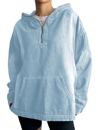 Women's Half Zip Denim Hoodie Pullover Sweatshirt Jean Jacket with Pocket