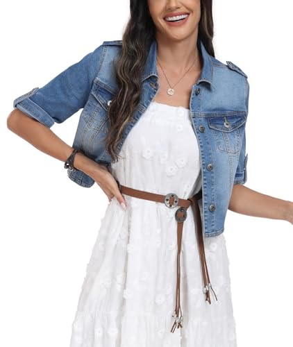 Women's Short Sleeve Stretch Denim Jacket Retro Casual Button Down Cropped Trucker Jean Jackets