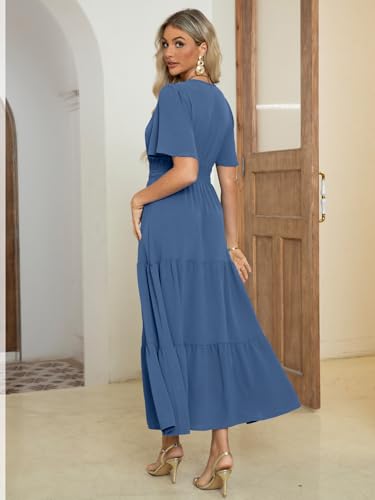 Women's Summer Boho Maxi Dresses Casual V Neck Short Sleeve A-line Empire Waist Long Flowy Beach Dress