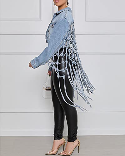 Womens Loose Long Fringe Distressed Denim Jacket Cropped Button Down Ripped Back Knotted Jean Coat