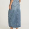 Women’s Maxi Denim Skirt – High Waisted Stretch Jean Skirt with Front Slit – Medium Wash