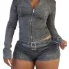 Denim Outfits for Women 2 Piece Casual Long Sleeve Zip Up Cropped Jacket Skinny Jean Shorts Set with Belt