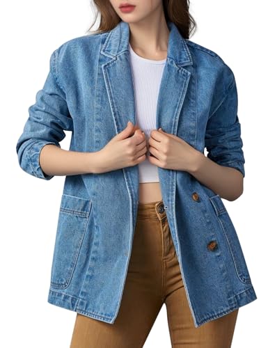 Womens Long Denim Jacket Button Up Blazer Oversized Notched Lapel Casual Jean Shacket Coat