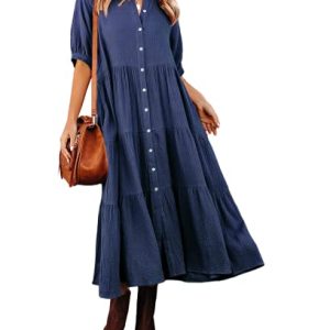 41XnUUvplHL.jpg Women's Summer Cotton Half Sleeves Button Down Casual Loose Slit Midi Dress with Pockets