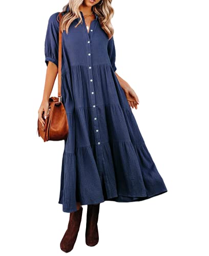Women's Summer Cotton Half Sleeves Button Down Casual Loose Slit Midi Dress with Pockets