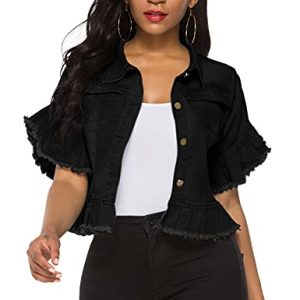 Women's Denim Jacket Button Down Distressed Ruffle Sleeve Crop Jean Jackets Coat