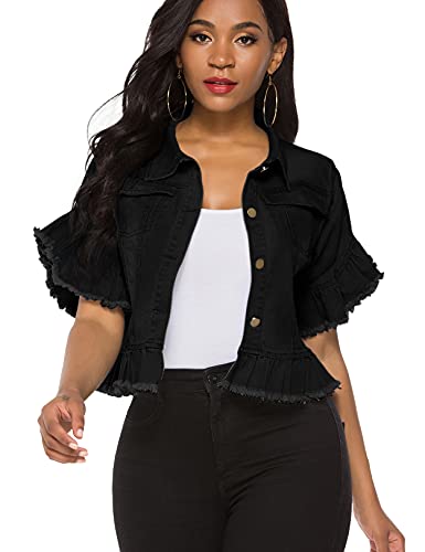 Women's Denim Jacket Button Down Distressed Ruffle Sleeve Crop Jean Jackets Coat