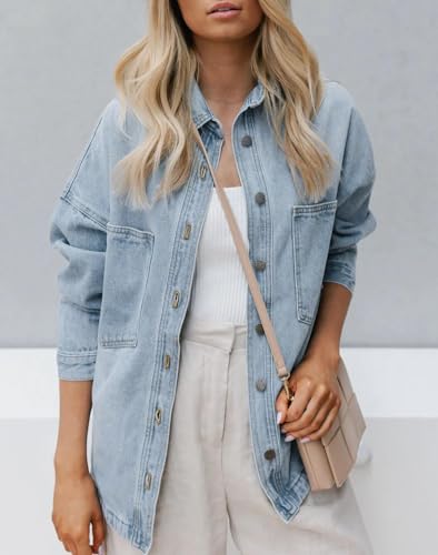 Womens Denim Shirt Long Sleeve Oversized Boyfriend Jean Jacket Shacket Trendy Button Down Shirt