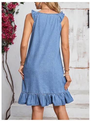 Women's Ruffle Trim Sleeveless Tank Denim Dress Vacation Scoop Neck Jean Dresses