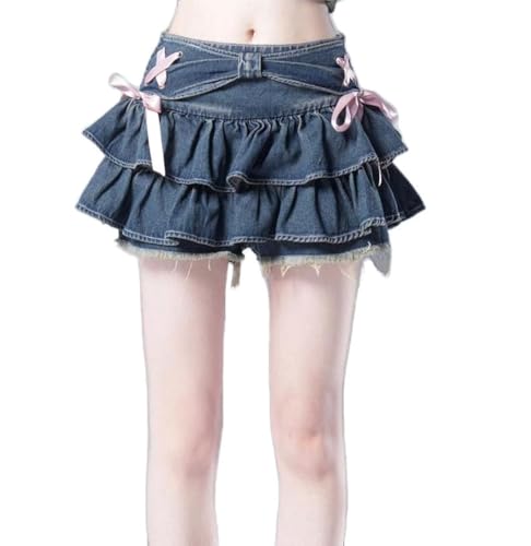 41clVzhT9DL.jpg Y2K Women Ruffle Hem Blue Jean Pleated Mini Skirt - Denim Bustier Top Suit