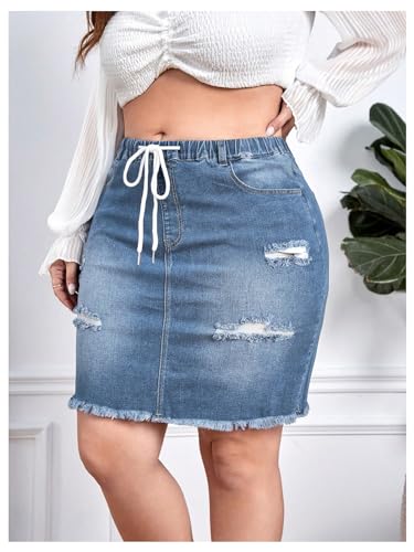 Women's Plus Size Denim Skirt High Waisted Elastic Drawstring Waist Raw Hem Ripped Vintage Short Jean Skirt