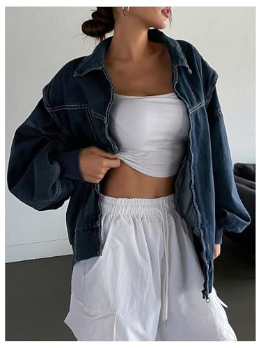 Women's Zip Up Denim Jacket Long Sleeve Oversized Jean Jacket Outerwear