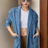 Womens Long Denim Jacket Button Up Blazer Oversized Notched Lapel Casual Jean Shacket Coat