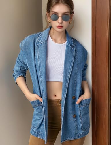 Womens Long Denim Jacket Button Up Blazer Oversized Notched Lapel Casual Jean Shacket Coat