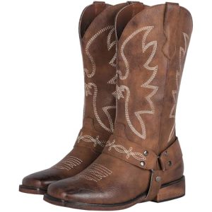 Women's Buckle Strap Wide Calf Cowboy Boots Square Toe Western Cowgirl Boots
