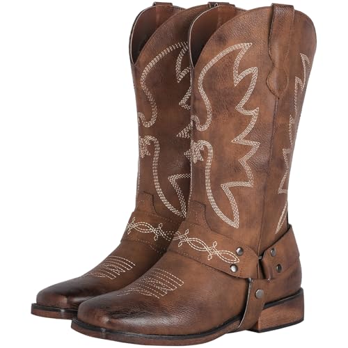 Women's Buckle Strap Wide Calf Cowboy Boots Square Toe Western Cowgirl Boots