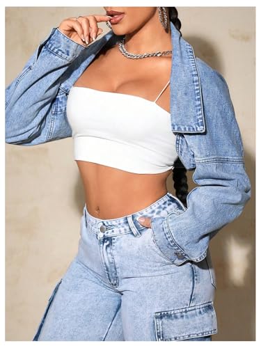 Women's Y2k Open Front Cropped Denim Jean Long Sleeve Street Jacket Coat