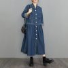 Womens Fall Winter A-Line Long Denim Trench Coat Loose Casual Button Down Maxi Jean Shirt Dress