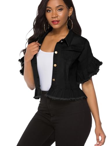 Women's Denim Jacket Button Down Distressed Ruffle Sleeve Crop Jean Jackets Coat