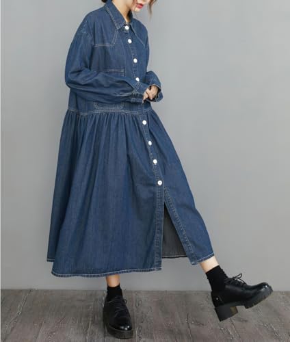 Womens Fall Winter A-Line Long Denim Trench Coat Loose Casual Button Down Maxi Jean Shirt Dress