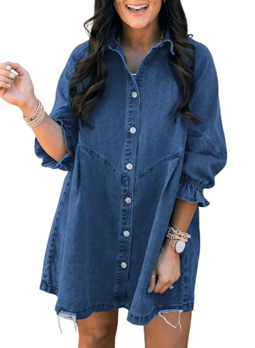 Womens Smocked 3 4 Sleeve Button Down Denim Jeans Dresses