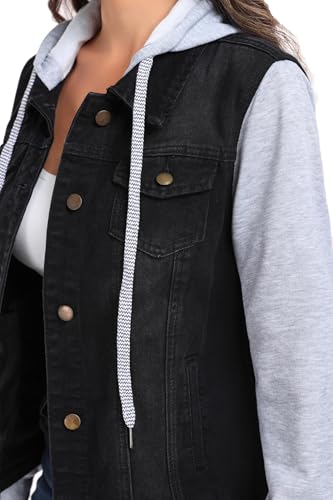 Women's Classic Casual Hooded Denim Jacket Drawstring Vintage Washed Jean Jacket Sweatshirt with Pockets