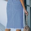 Women's Casual Mid Rise Button Down Frayed Raw Hem Denim Jean Midi Skirt