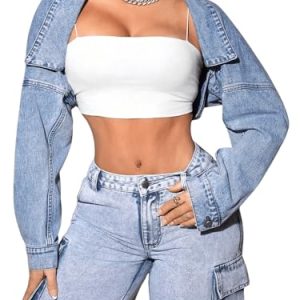 Women's Y2k Open Front Cropped Denim Jean Long Sleeve Street Jacket Coat